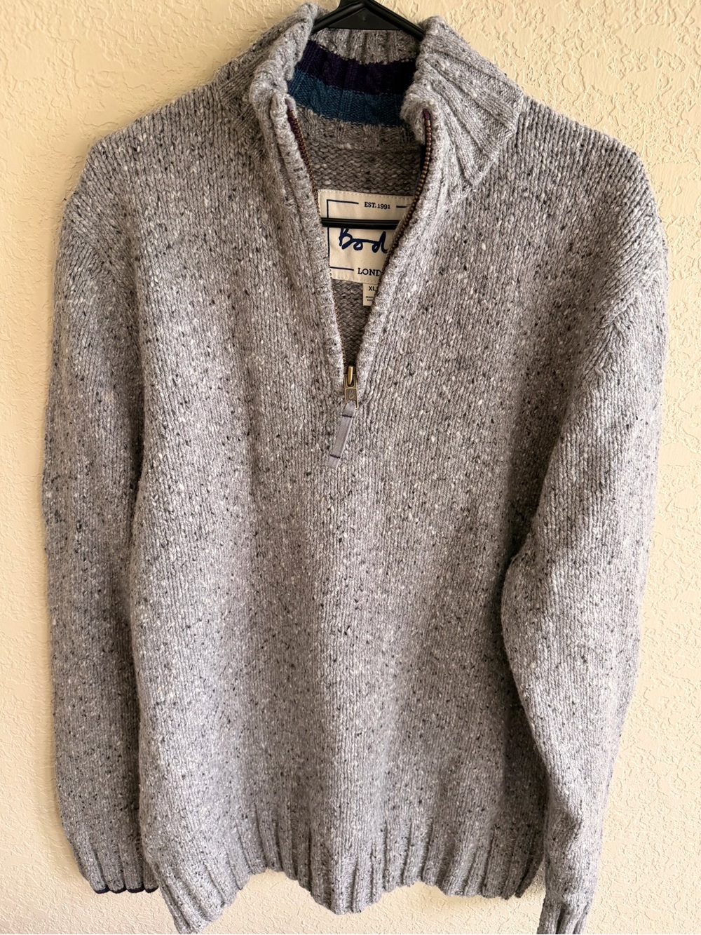 Boden Men's Light Gray Speckled Half-Zip Sweater XL